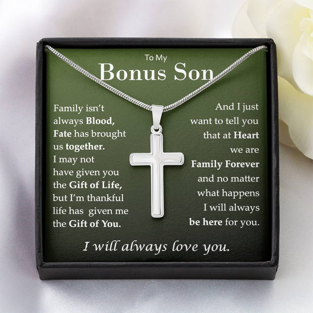 To My Bonus Son, I Will Always Love You Cross Necklace