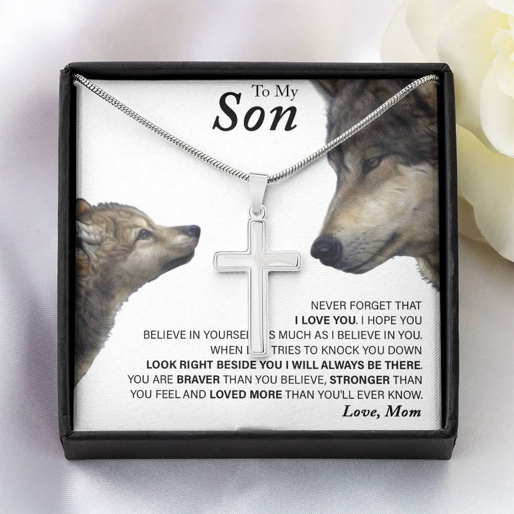 To My Son, Love Mom Wolf Cross Necklace