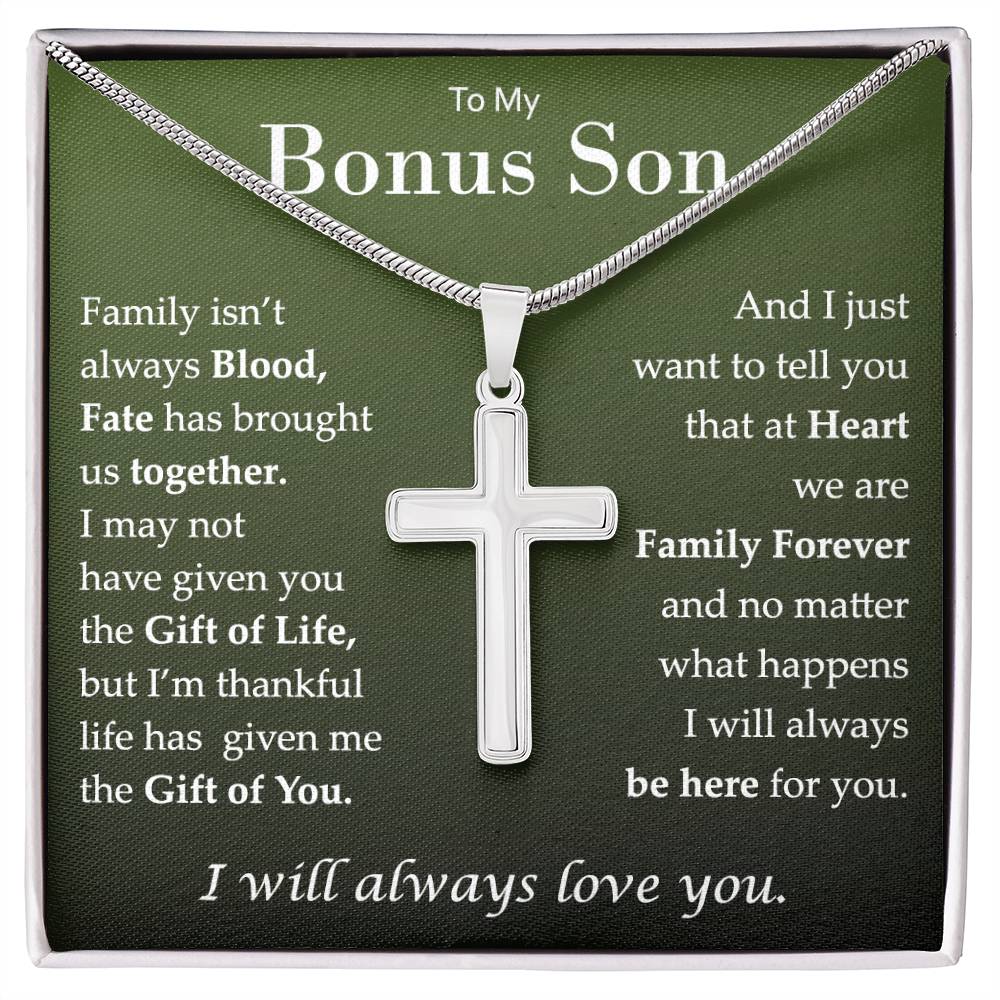 To My Bonus Son, I Will Always Love You Cross Necklace