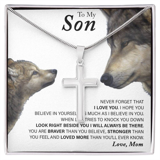 To My Son, Love Mom Wolf Cross Necklace