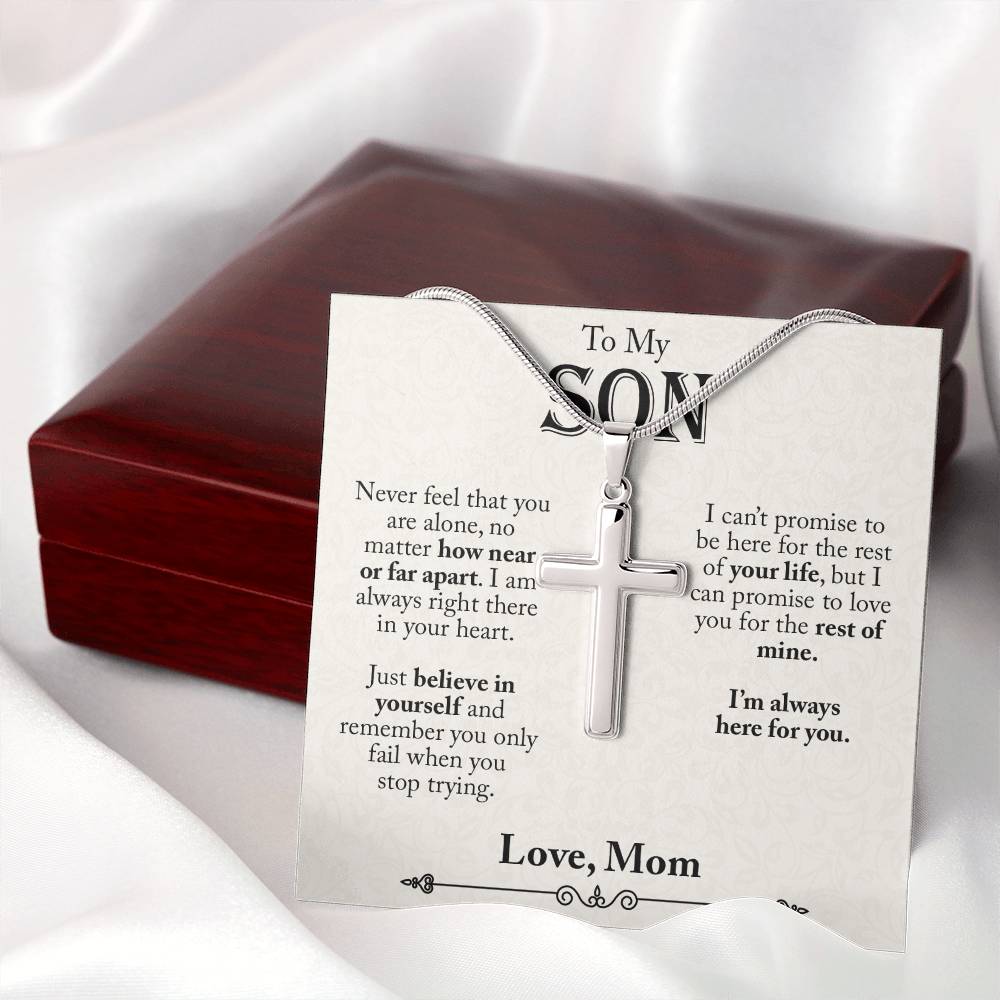 To My Son, Never Feel That You Are Alone, Gift From Mom Cross Necklace