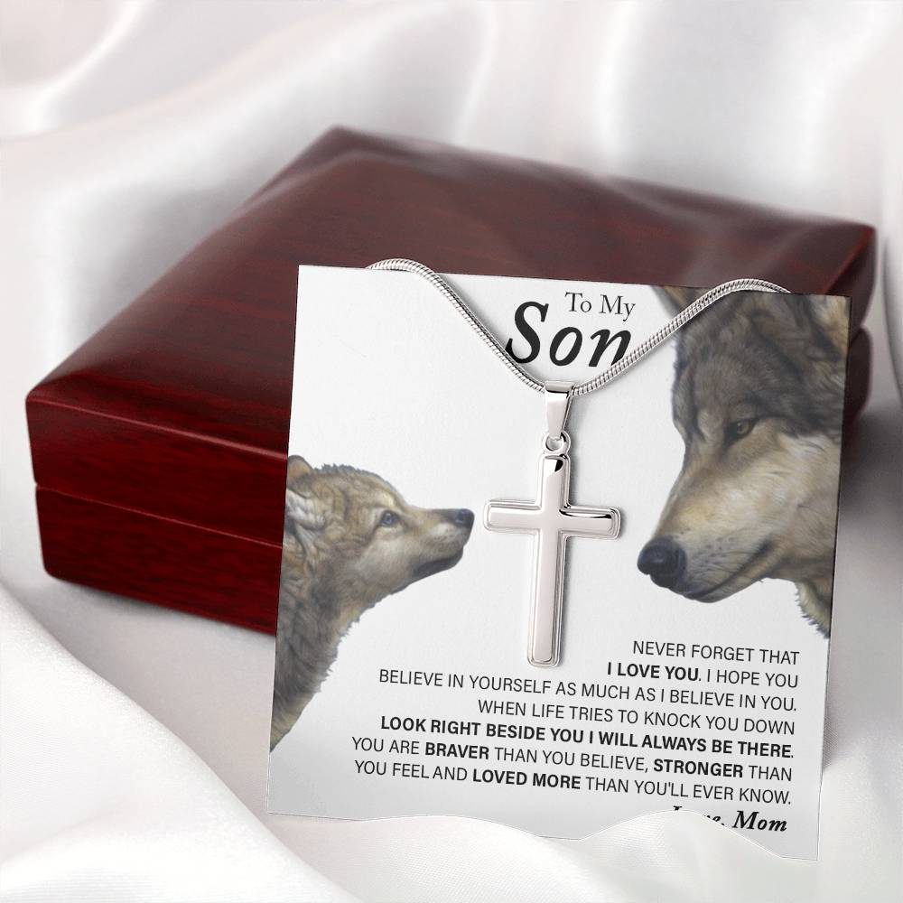 To My Son, Love Mom Wolf Cross Necklace