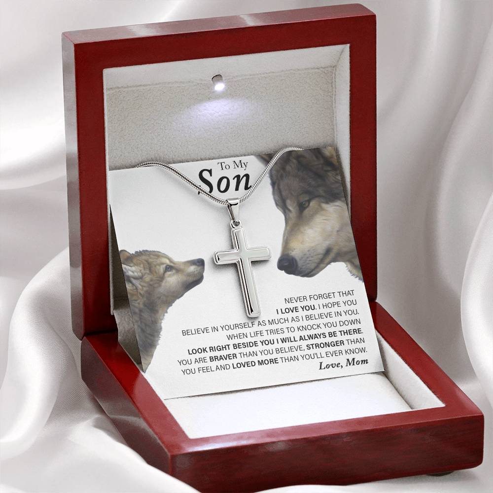 To My Son, Love Mom Wolf Cross Necklace