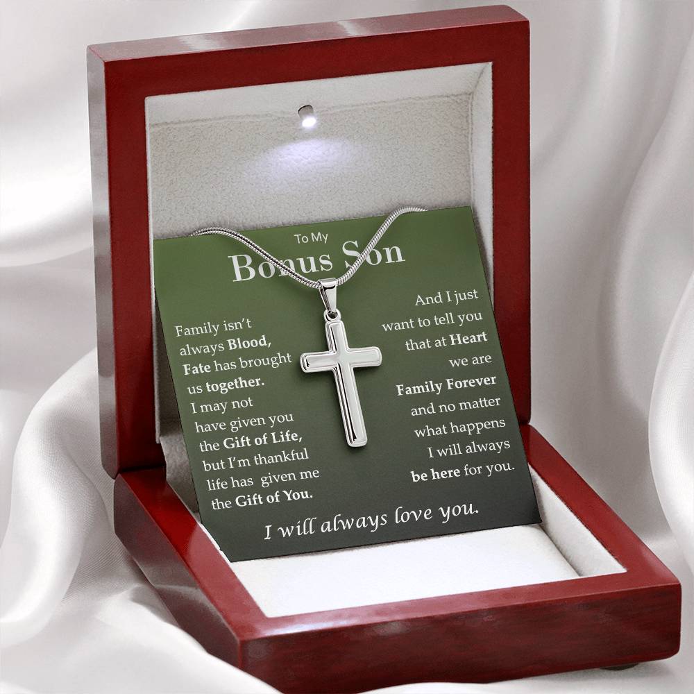 To My Bonus Son, I Will Always Love You Cross Necklace