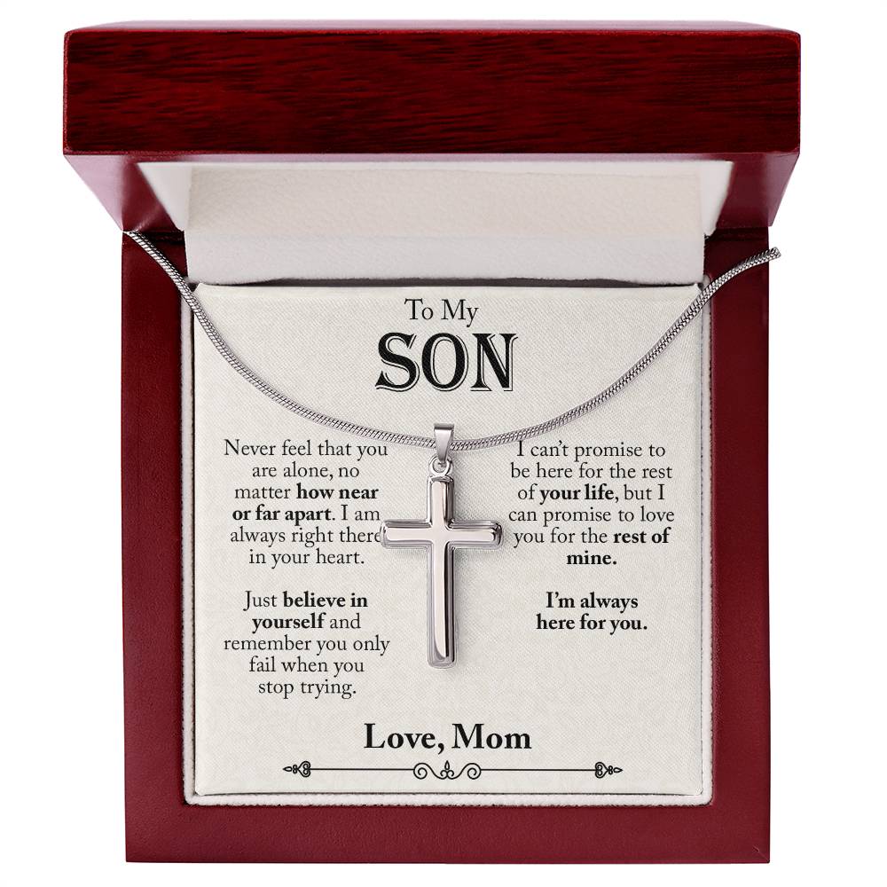 To My Son, Never Feel That You Are Alone, Gift From Mom Cross Necklace