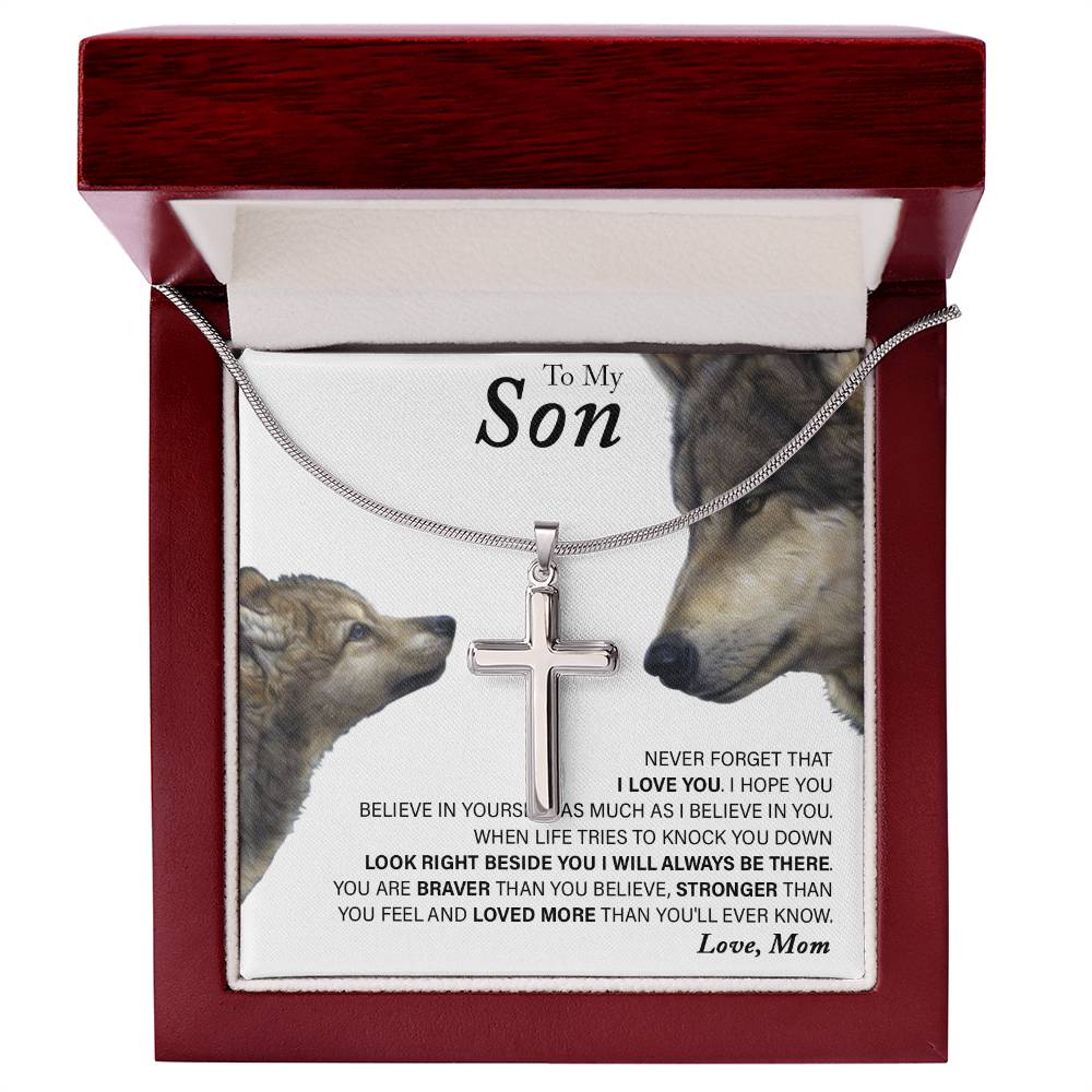 To My Son, Love Mom Wolf Cross Necklace